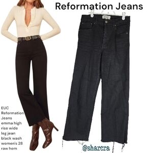 Reformation Jeans emma high rise wide leg jean black wash women's 28 Frayed Hem